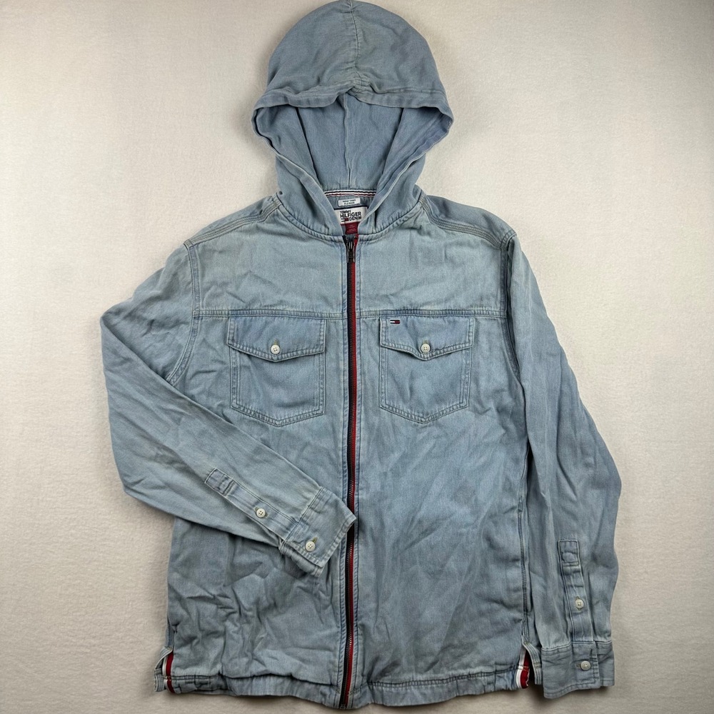 Tommy Hilfiger Denim Jacket Mens XS Blue Hooded Full Zip Logo 78E3236 Streetwear